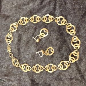 1940s Art Deco Signed Symmetallic 14kt Gold Sterling Necklace w Earrings Set